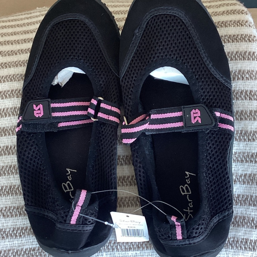 Black Mesh Slip-On Flats with Pink Accent Straps